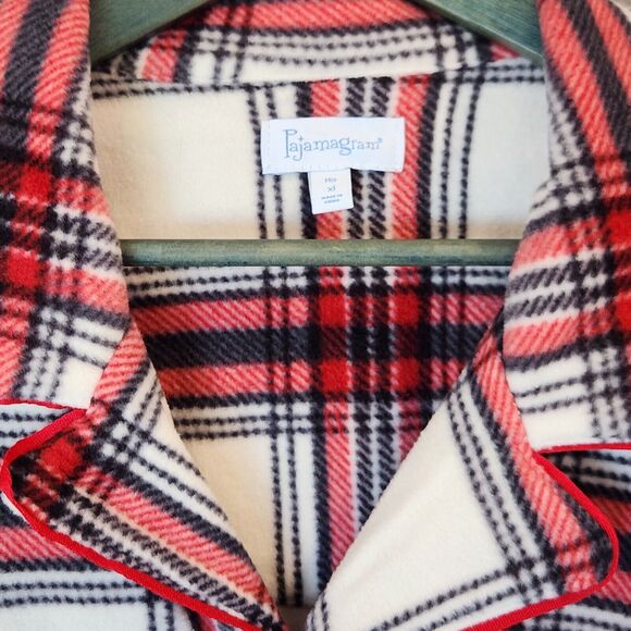 PajamaGram Mens Fleece Pajama Set XL Red White Plaid Long Sleeve Wide Leg PJs - Picture 4 of 16
